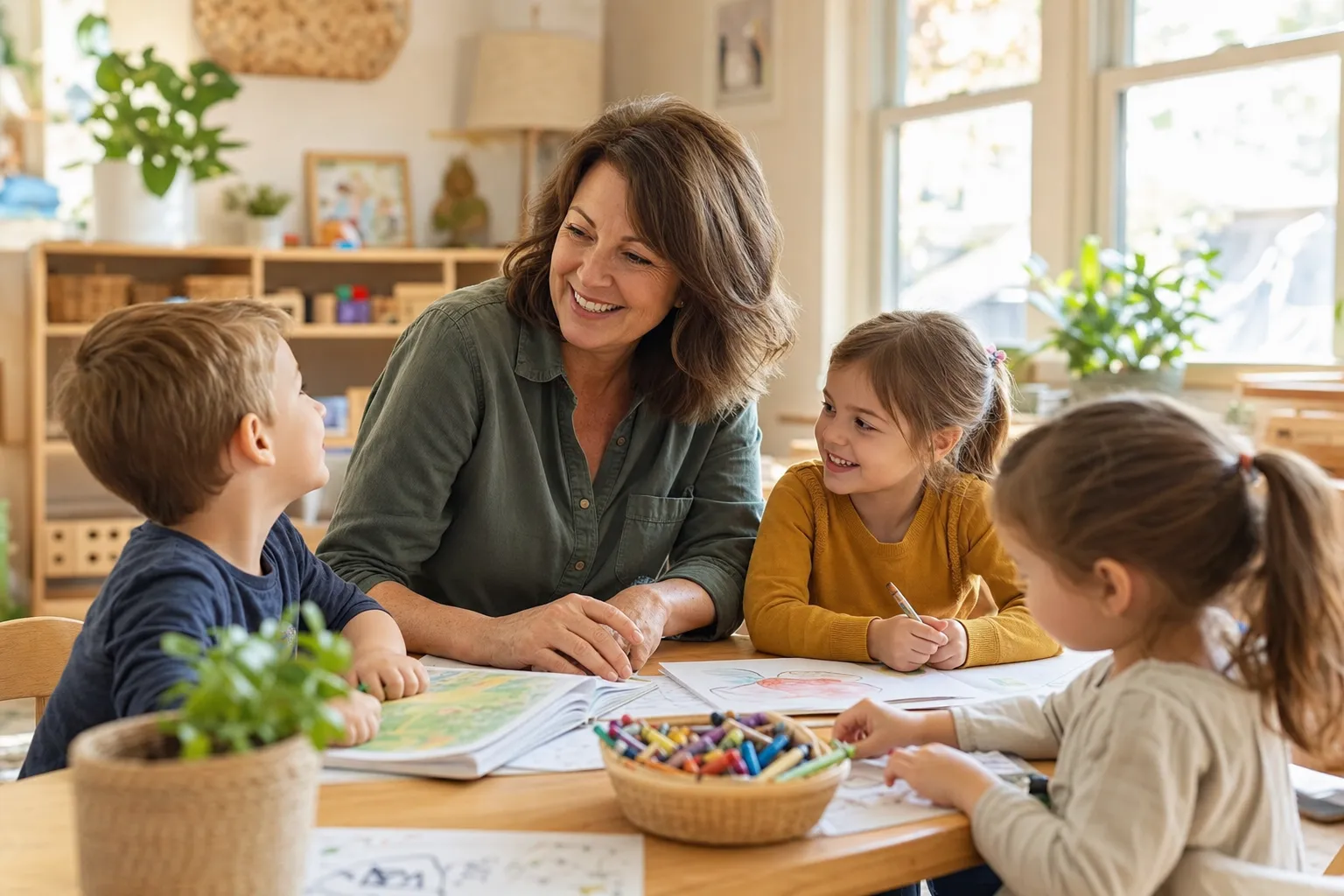 Warm and welcoming daycare playroom with colorful toys and learning materials