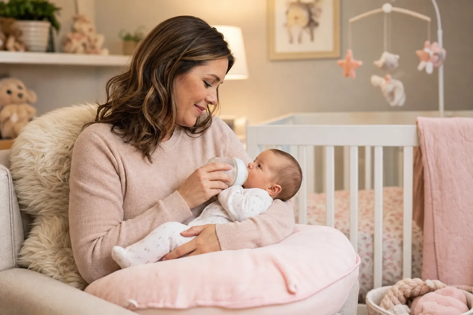 Caring educator holding an infant in a cozy, safe nursery environment
