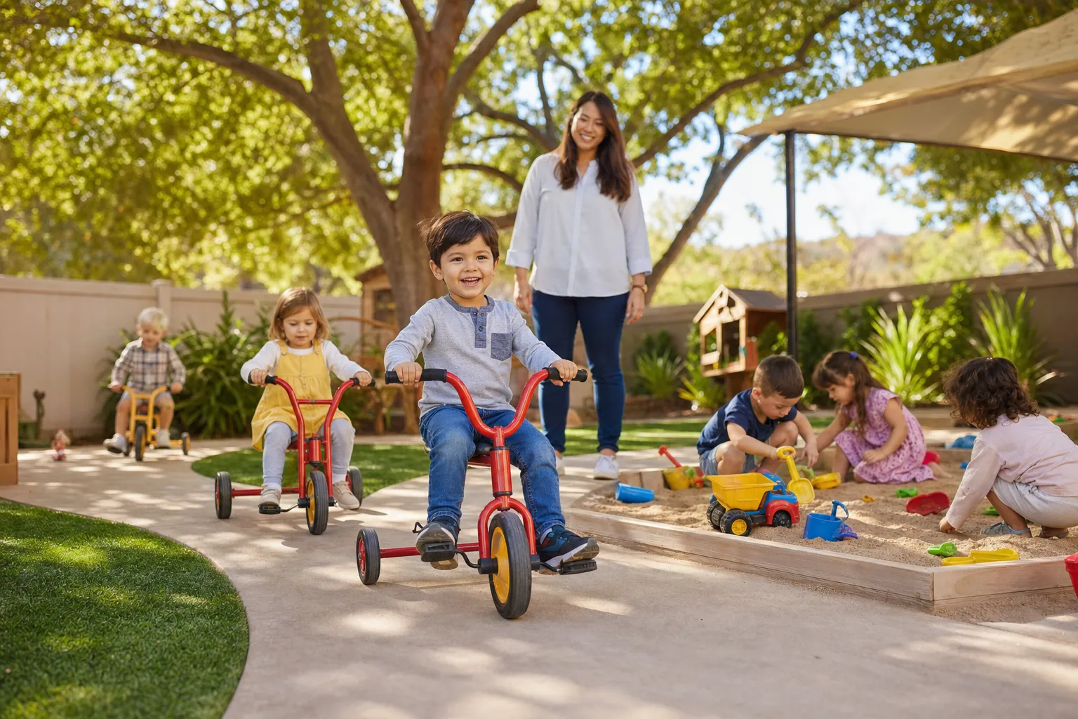 Safe outdoor play area where children enjoy fresh air and activities